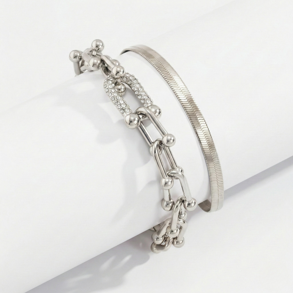 Women's Bracelet Set with Link Design & Snake Bracelet in Gold Look | Shopnory