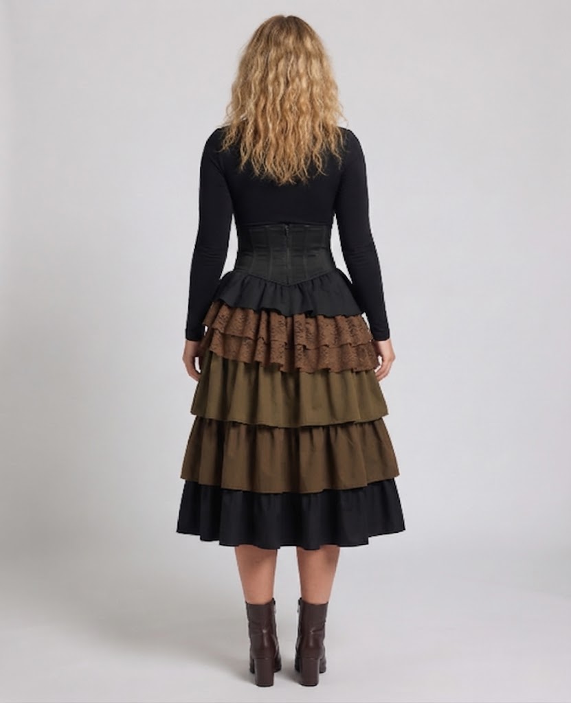 Ladies Elegant layered skirt with elaborate ruffles and decorative buttons Shop Velvia