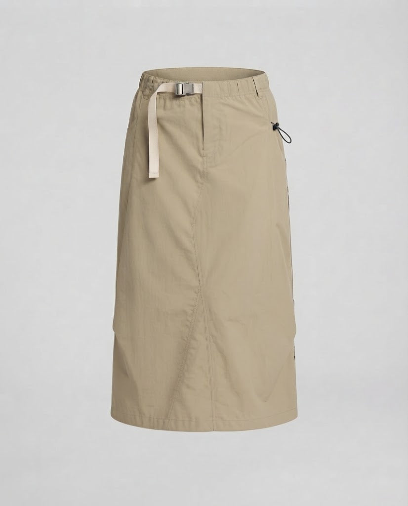 Women's utility midi skirt with elastic waistband, outer belt, and side drawstrings Shop Velvia