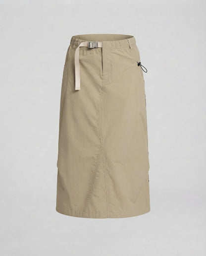Women's utility midi skirt with elastic waistband, outer belt, and side drawstrings Shop Velvia