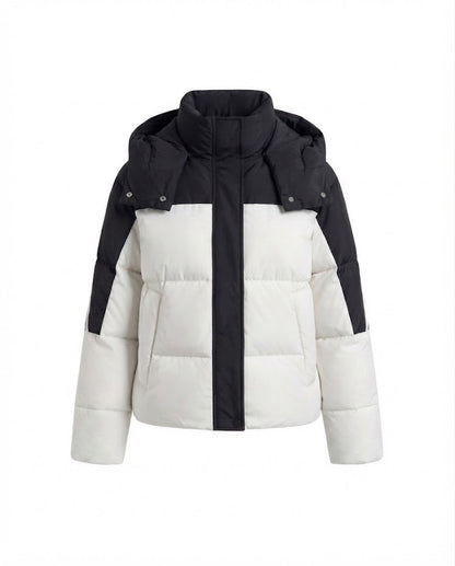 Women's short two-tone quilted short coat with removable collar trim and sporty sleeve stripes