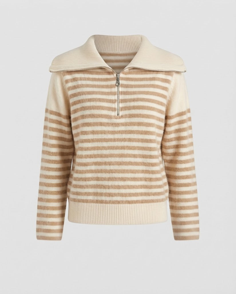 Women's Striped Short Sweater in Fluffy Mohair Look with Half Zipper and Overlapping Collar Shop Velvia