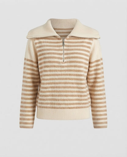 Women's Striped Short Sweater in Fluffy Mohair Look with Half Zipper and Overlapping Collar Shop Velvia