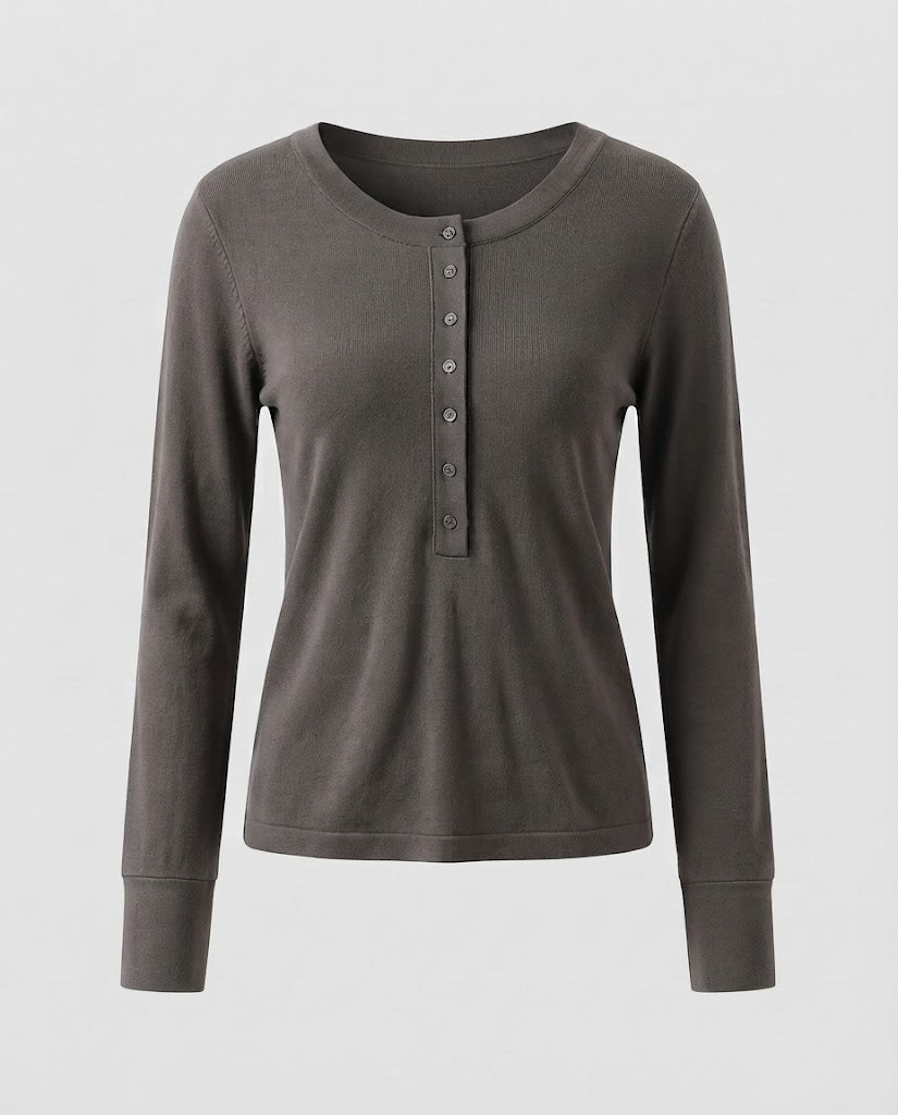 Ladies Fine Long Sleeve Henley made of fine knit with buttonable center placket and slim fit Shop Velvia