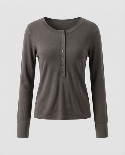 Ladies Fine Long Sleeve Henley made of fine knit with buttonable center placket and slim fit Shop Velvia
