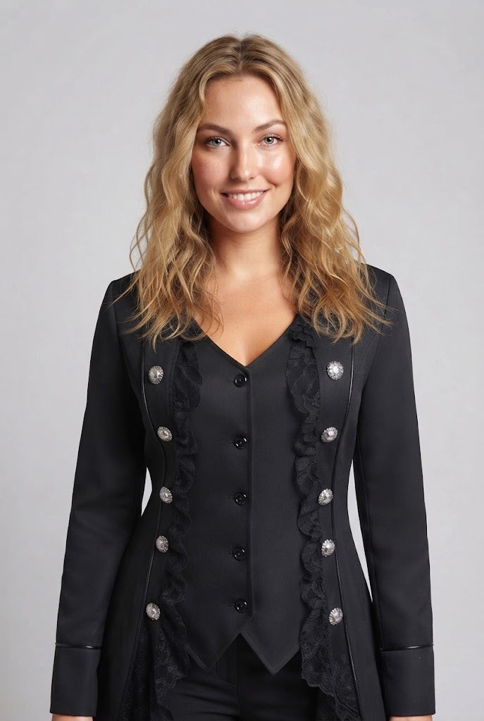 Women's elegant tailcoat with lace accents and decorative button placket Shop Velvia