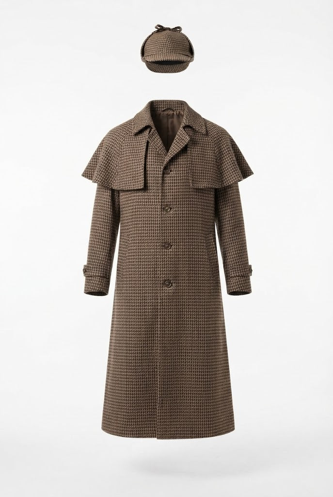 Men's Sherlock Holmes costume with intricately detailed Sherlock hat and legendary coat Shop Velvia