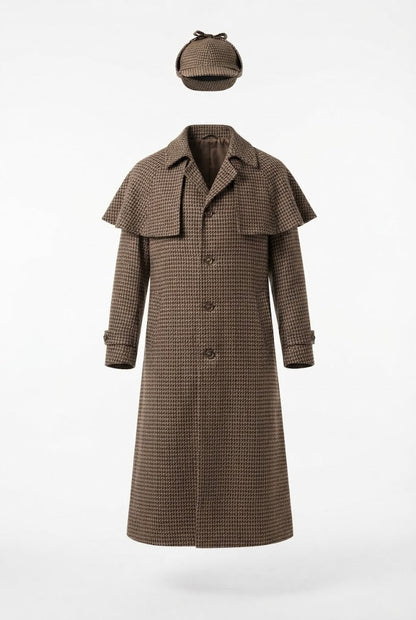 Men's Sherlock Holmes costume with intricately detailed Sherlock hat and legendary coat Shop Velvia