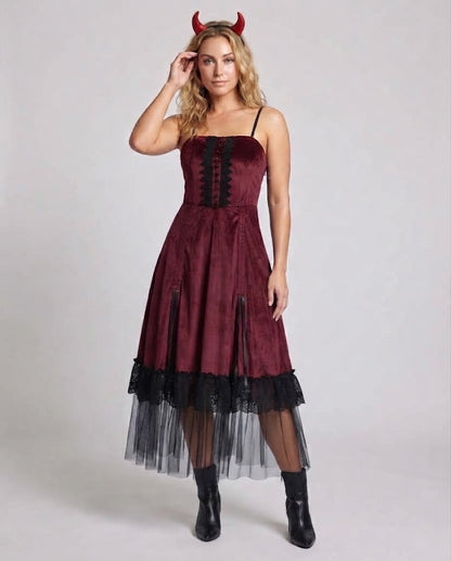 Women Vampire-Inspired Costume Dress with Sheer Tulle Layer and Ruffle Details Shop Velvia