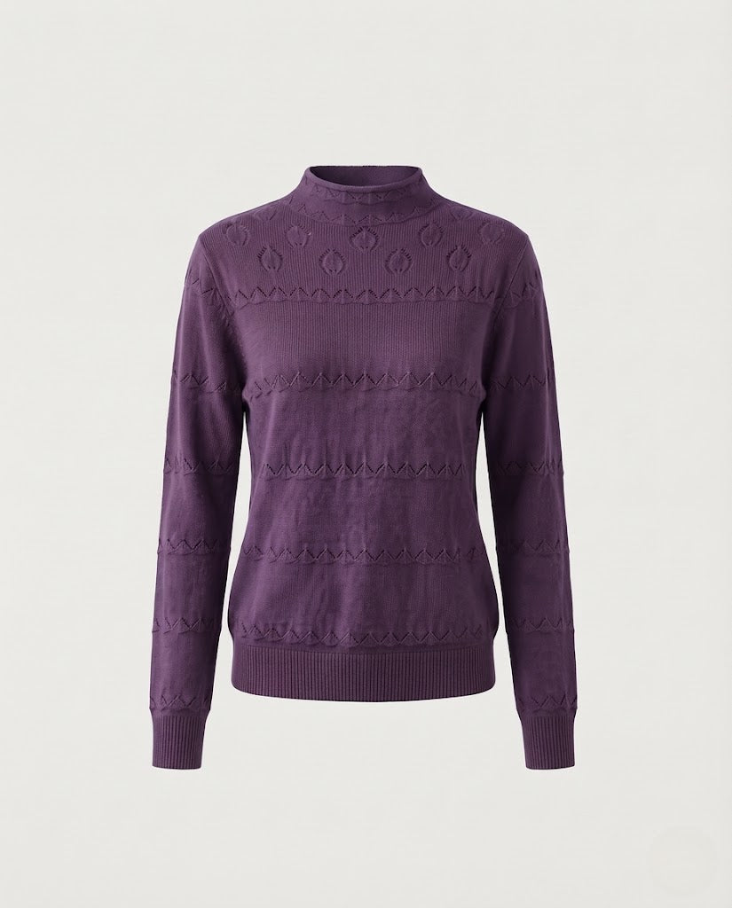 Ladies fine knit pullover with subtle lace stripe and short stand-up collar Shop Velvia