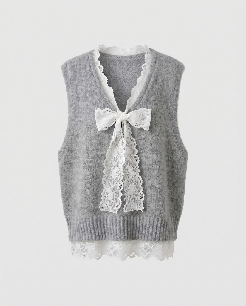 Women's Sleeveless Fleece Vest with Lace Insert and Decorative Bow Brooch Shop Velvia