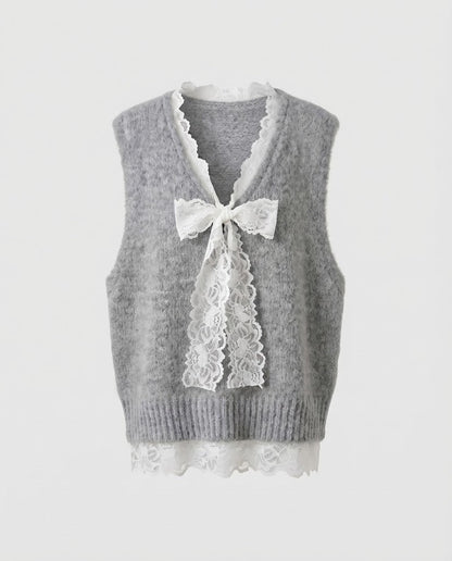 Women's Sleeveless Fleece Vest with Lace Insert and Decorative Bow Brooch Shop Velvia