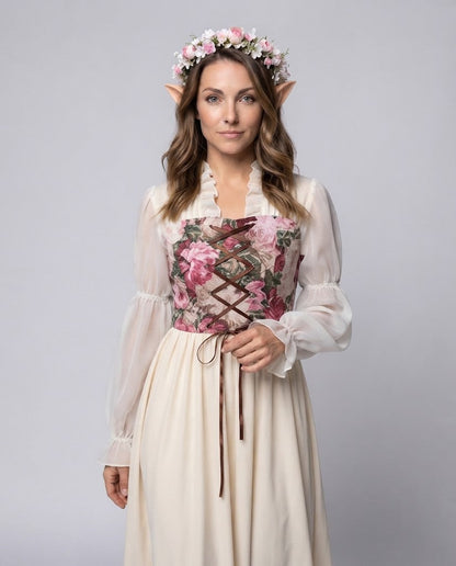 Ladies romantic maxi dress with floral design and transparent puff sleeves Shop Velvia