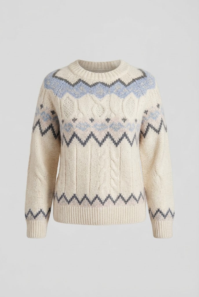 Ladies Norwegian pattern round neck sweater made from wool blend with ribbed hem Shop Velvia