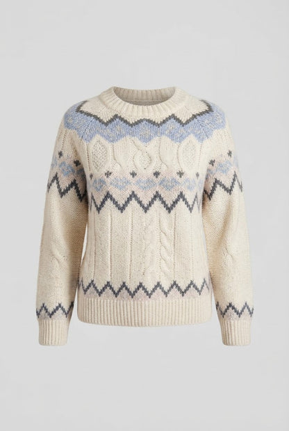 Ladies Norwegian pattern round neck sweater made from wool blend with ribbed hem Shop Velvia