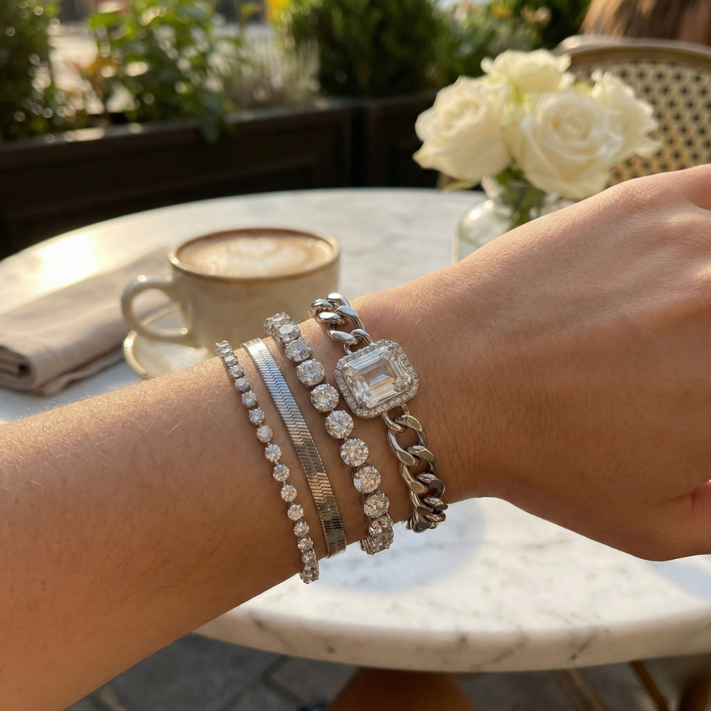 Women's Bracelet Set with Link Chain and Rhinestone Details