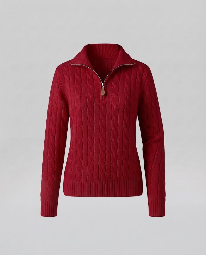 Women's Cable Knit Sweater with Half Zipper and Stand-Up Collar Shop Velvia