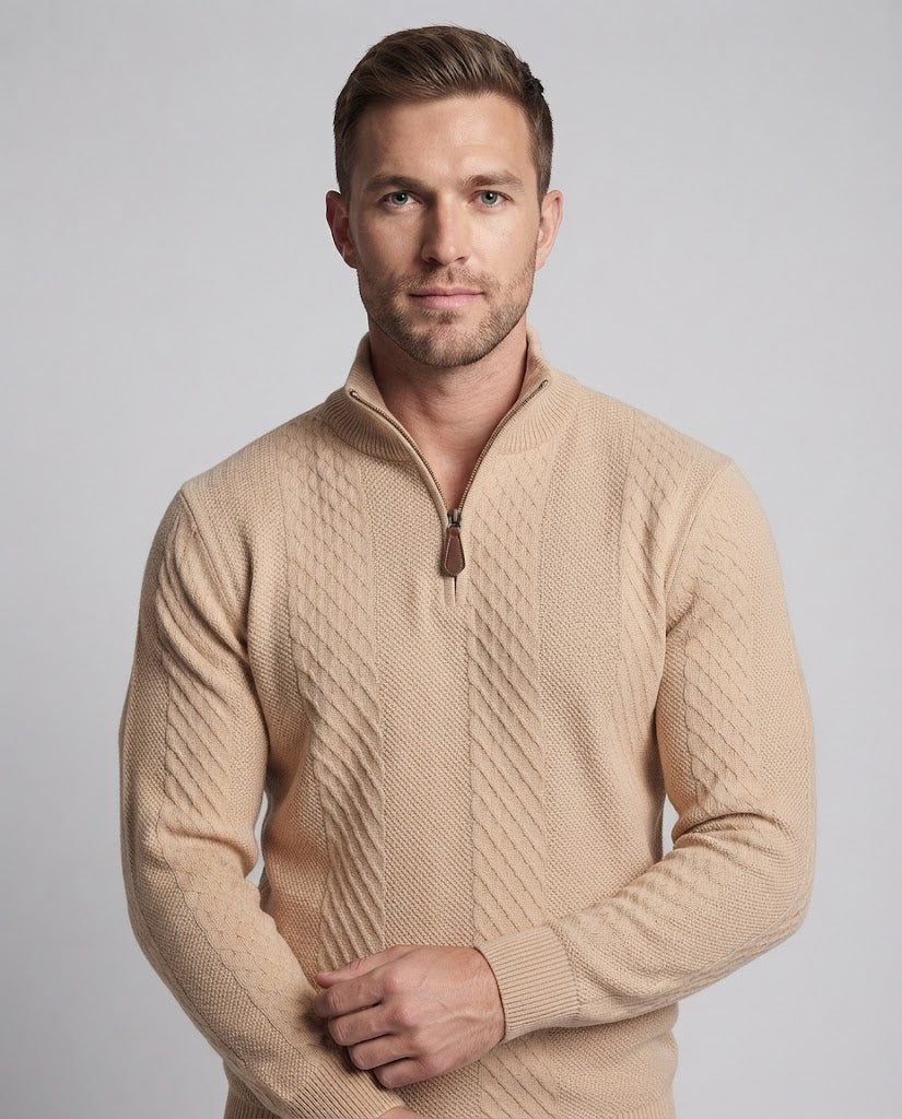 Men's Troyer sweater with diamond pattern, half zip and leather zipper Shop Velvia