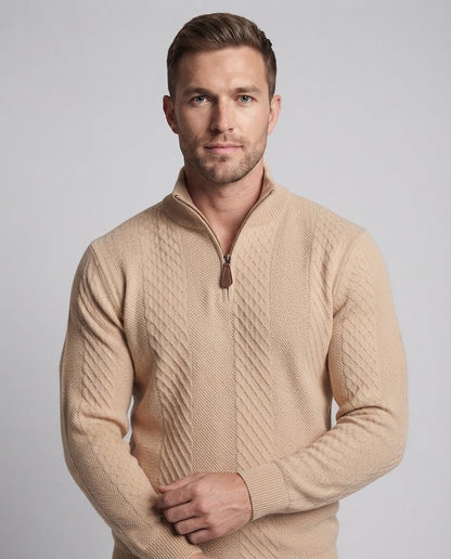 Men's Troyer sweater with diamond pattern, half zip and leather zipper Shop Velvia