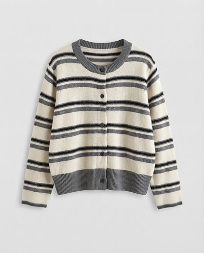 Women's Striped Short Cardigan in Retro College Look made from soft wool blend with contrast cuffs Shop Velvia