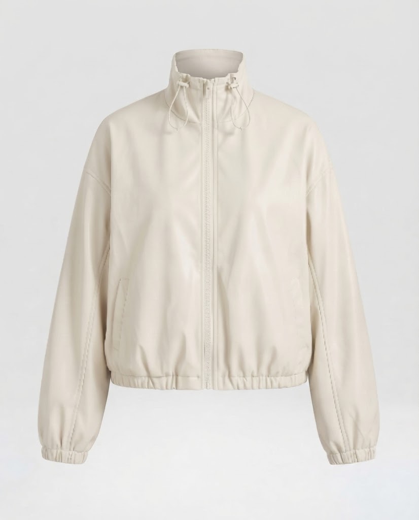 Women's Oversized Faux Leather Bomber Jacket with Stand Collar, Drawstring and Elastic Hem Shop Velvia