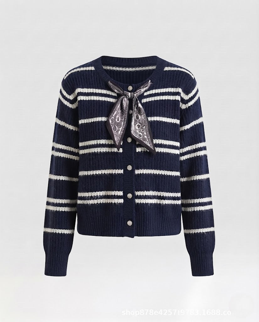 Women's short cardigan made of fine knit with a fine ribbed pattern and paisley bow Shop Velvia