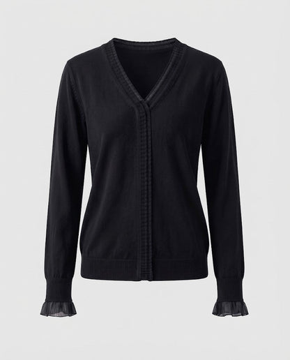 Ladies Fine V-Neck Fine Knit Sweater with Pleated Trim and Flowing Silhouette Shop Velvia