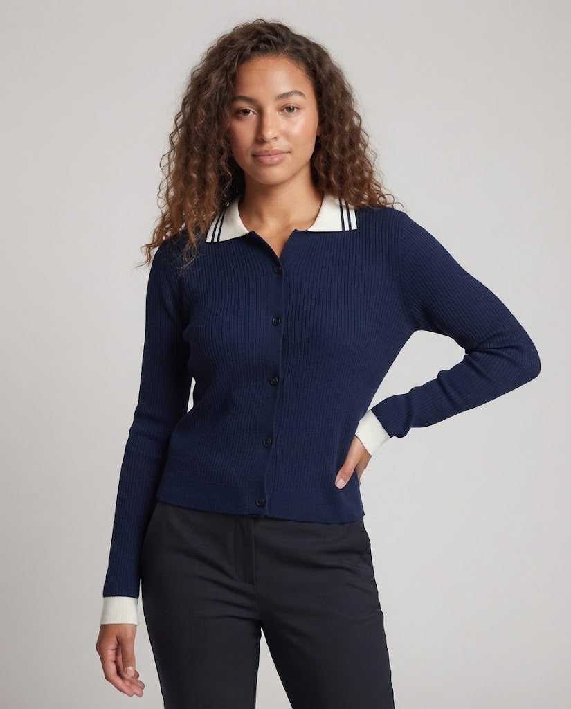 Ladies fine knit cardigan with polo collar and contrasting cuffs Shop Velvia