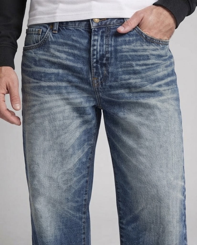 Men's baggy jeans in an extra wide palazzo cut with distinctive whisker and ombre fade Shop Velvia