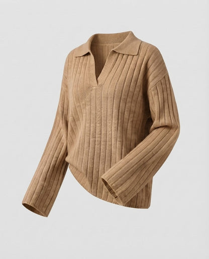 Women's Chunky Ribbed Wool Blend Sweater with Polo Collar and Wide Sleeves Shop Velvia
