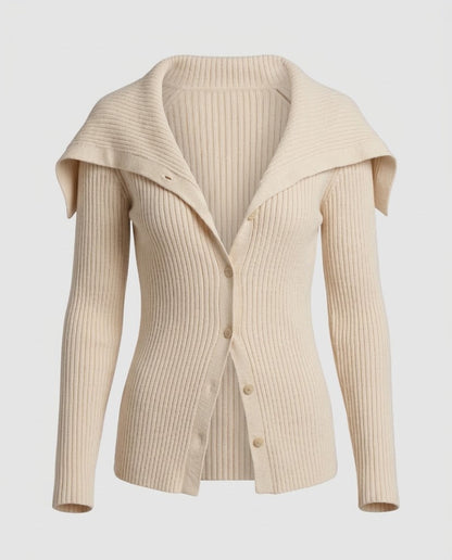 Women's Ribbed Knit Cardigan with Foldable Shoulder Collar and Button Placket Shop Velvia