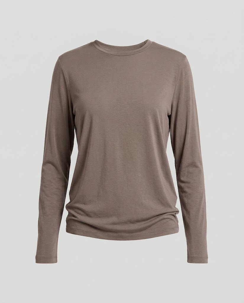 Women Figure-Hugging Long Sleeve Shirt made of Cotton Blend with Round Neckline Shop Velvia
