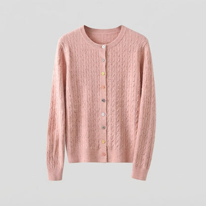 Women's fine knit cardigan with cable pattern and colorful buttons Shop Velvia