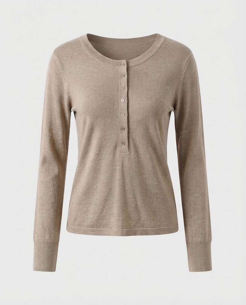 Ladies Fine Long Sleeve Henley made of fine knit with buttonable center placket and slim fit Shop Velvia