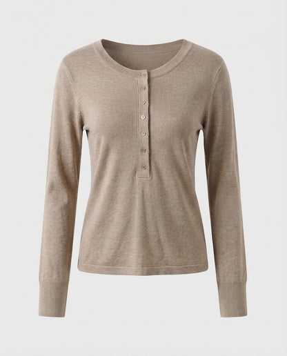 Ladies Fine Long Sleeve Henley made of fine knit with buttonable center placket and slim fit Shop Velvia
