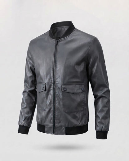 Men's Leather Look Bomber Jacket with Flap Pockets and Ribbed Cuffs Shop Velvia