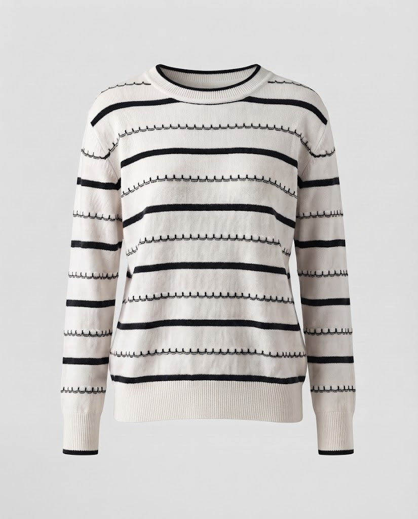 Women's Striped Fine Knit Sweater with Decorative Stitch and Round Neckline Shop Velvia