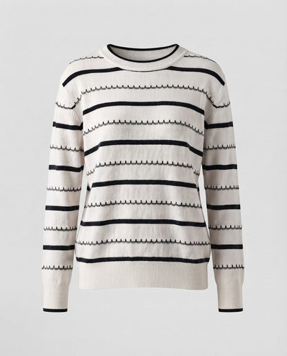 Women's Striped Fine Knit Sweater with Decorative Stitch and Round Neckline Shop Velvia