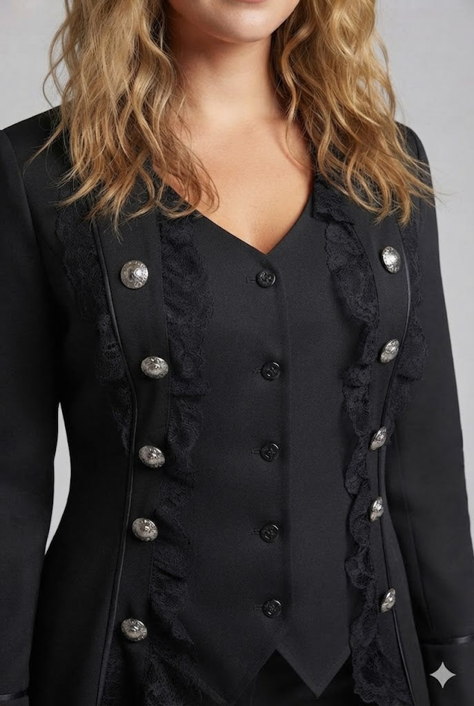 Women's elegant tailcoat with lace accents and decorative button placket Shop Velvia