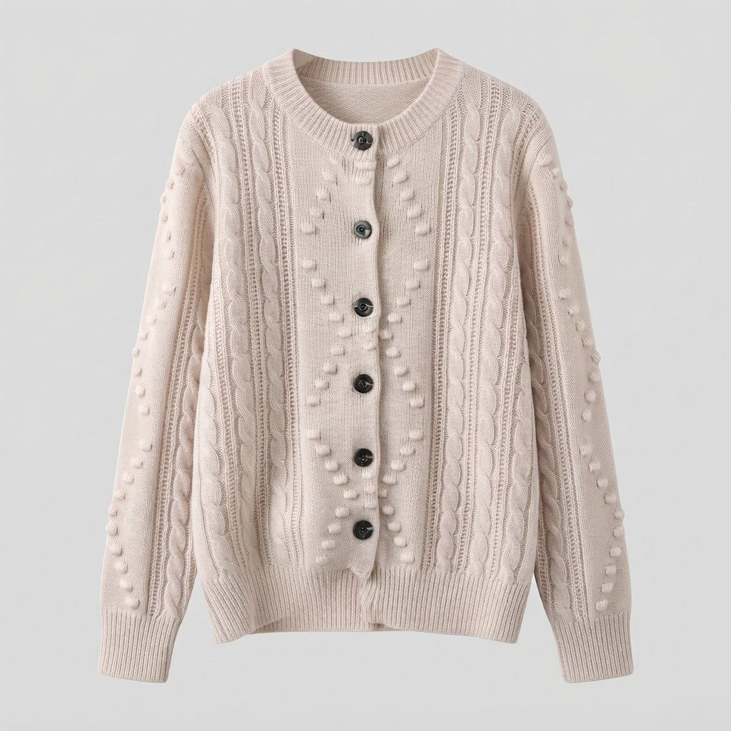 Women’s fine knit cardigan with cable pattern, bobble lace and round neckline Shop Velvia