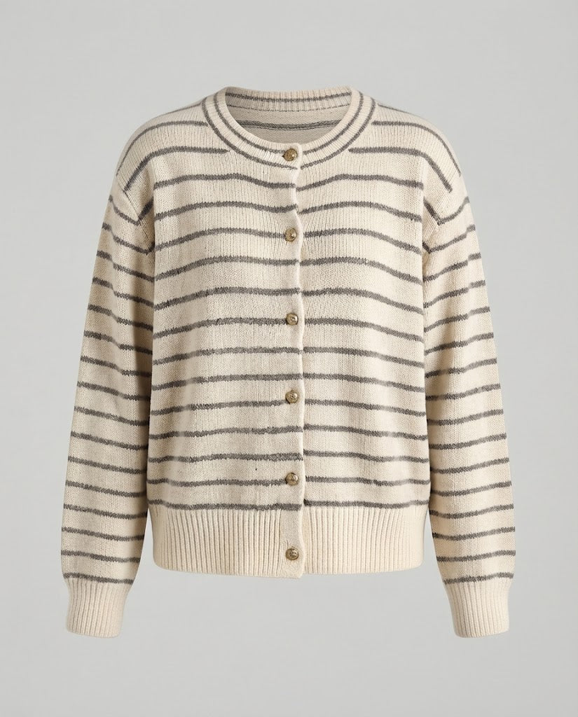 Women's Striped Button Cardigan with Round Neckline, Golden Decorative Buttons and Ribbed Cuffs Shop Velvia