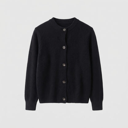Women's fine-knit short cardigan with round neckline, fine ribbed edge, and subtly tailored silhouette Shop Velvia