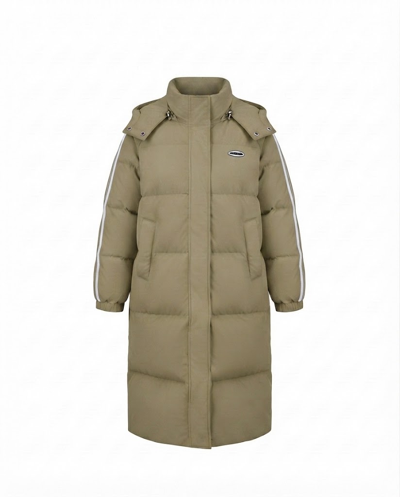 Women's nan longer quilted thermal coat with high stand-up collar, sports stripes, and integrated chest pocket