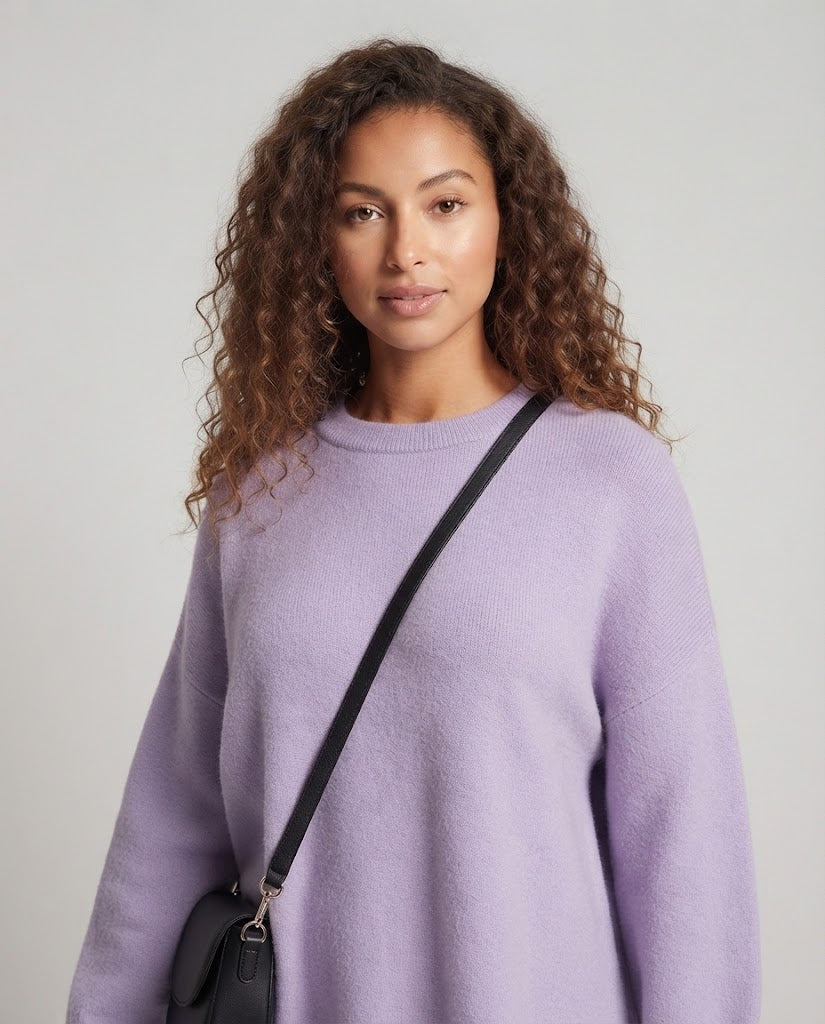 Ladies Oversize Long Sweater in Mohair Look with Round Neck, Drop Shoulder and Side Slit Shop Velvia