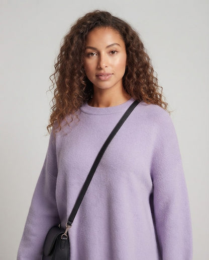 Ladies Oversize Long Sweater in Mohair Look with Round Neck, Drop Shoulder and Side Slit Shop Velvia