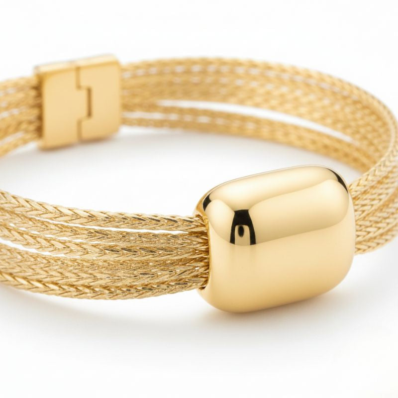 Women's Braided Bracelet with Smooth Center in Silver Look