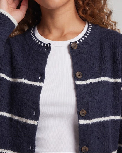 Women's Chunky Knit Button Cardigan with Striped Texture and Round Neckline Shop Velvia