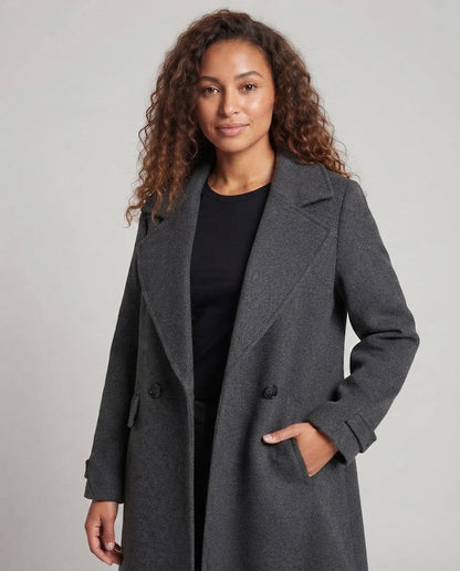 Ladies Elegant Long Coat made of Wool Blend with Extra Wide Shawl Collar and Cuff Detail Shop Velvia