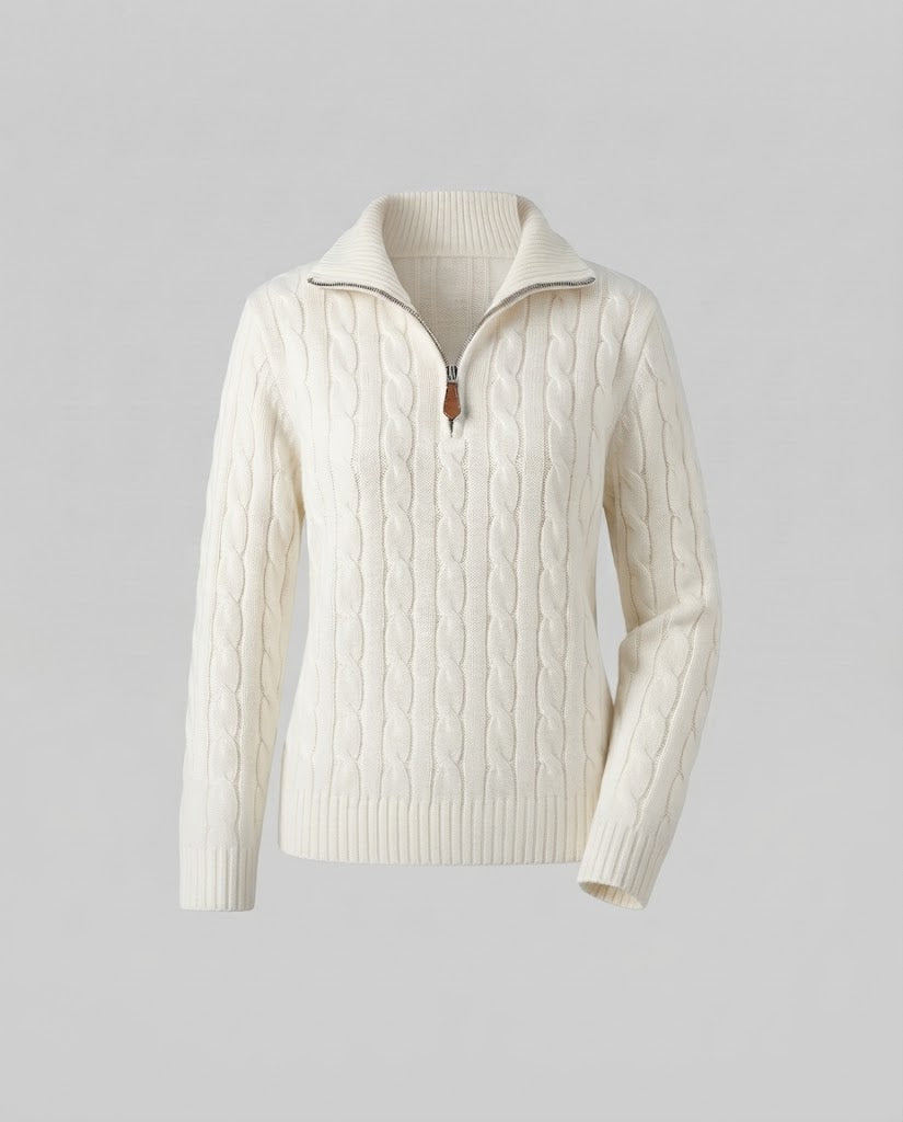 Women's Cable Knit Sweater with Half Zipper and Stand-Up Collar Shop Velvia