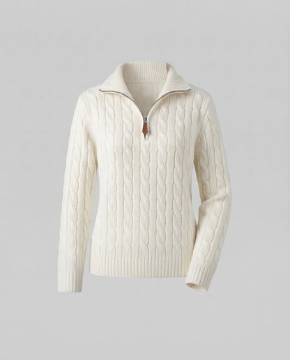 Women's Cable Knit Sweater with Half Zipper and Stand-Up Collar Shop Velvia